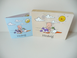 Geboortekaartje op hout kraamcadeau Hedwig