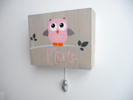 Muziekdoosje met naam uil oud roze grijze blaadjes