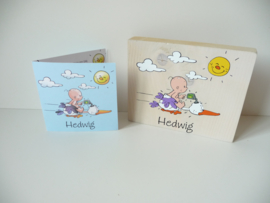 Geboortekaartje op hout kraamcadeau Hedwig