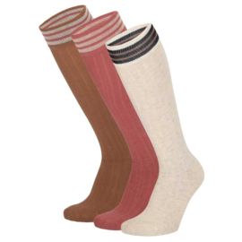 Apollo - Kniesokken - Girls - 3-pack - Beige - Roze - Bruin - Gestreept