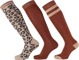 Apollo - Meiden - Kniesokken - Panterprint - Bruin - 3-pack - Maat 23/26