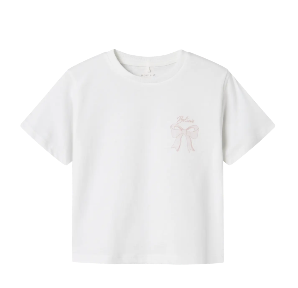 Name It - T-shirt - Katalin - Bright White - Strikje - Believe - Backprint