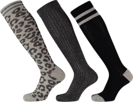 Apollo - Meiden - Kniesokken - Panterprint - Grijs - 3-pack - Maat 23/26