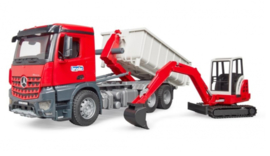 Bruder 3624 - MB Arocs truck met afrolcontainer en minigraafmachine