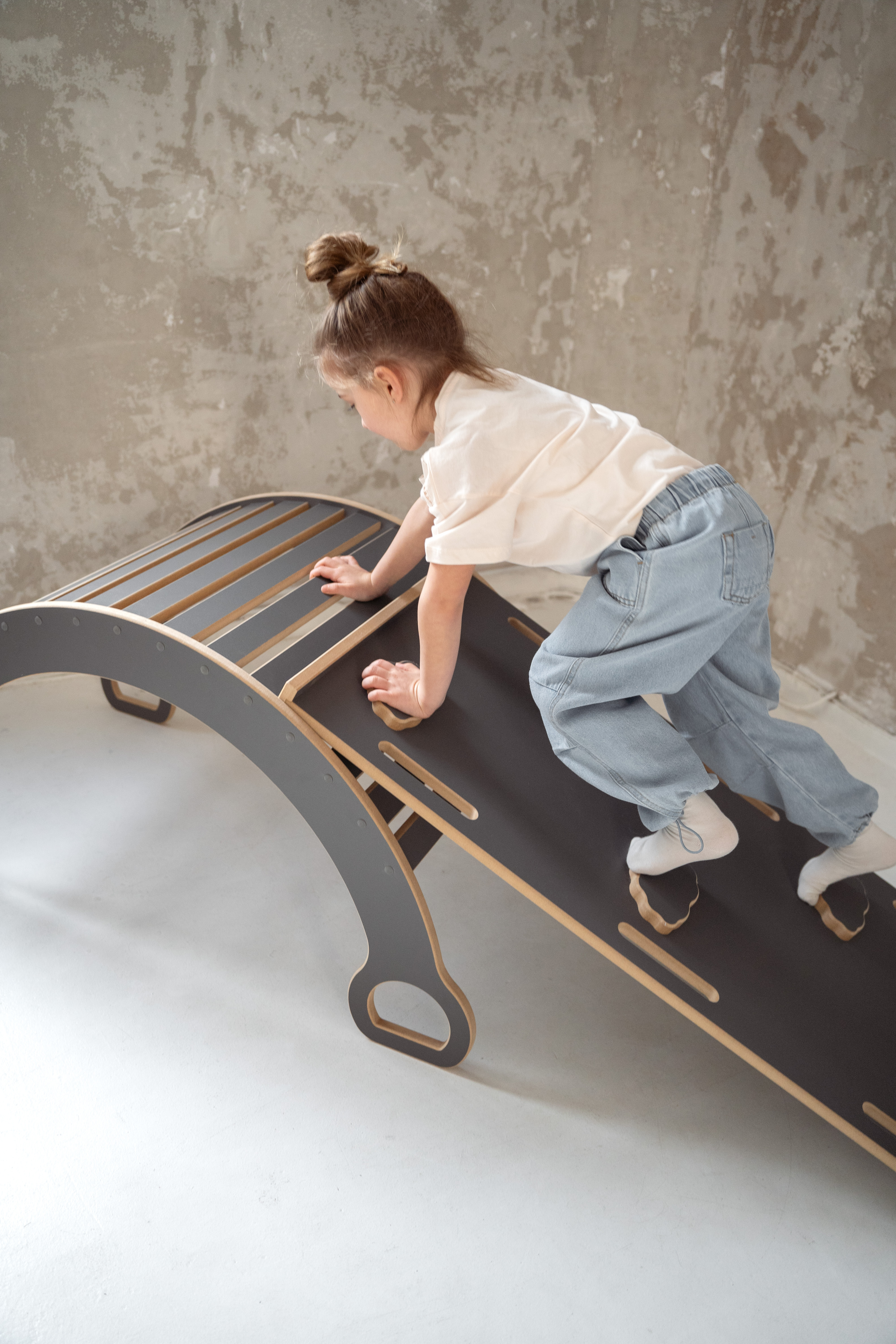 Grijze 2-in-1 Montessori klimboog met Glijbaan met Wolkjes - Groot