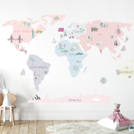 Muursticker wereldkaart roze