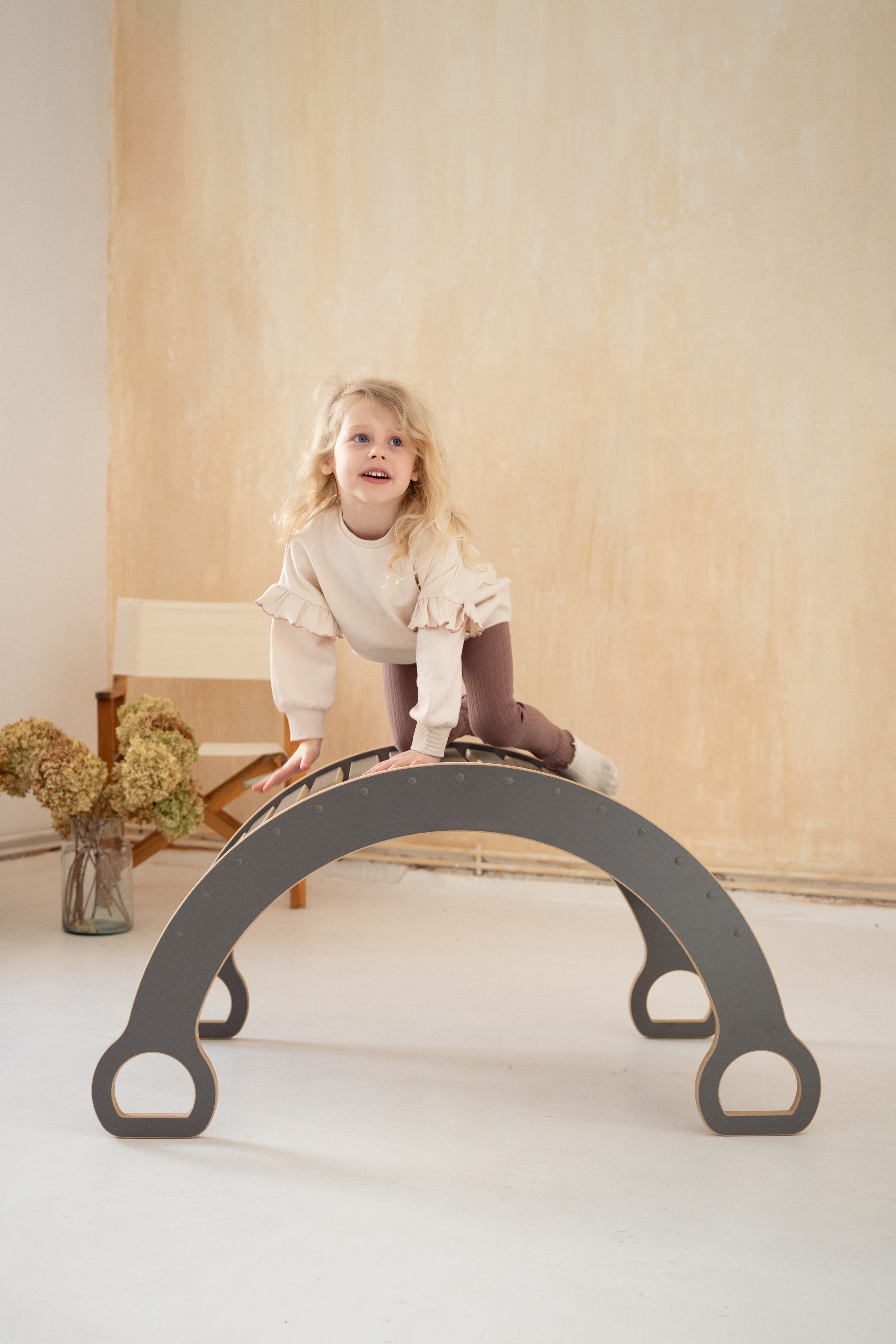 Grijze 2-in-1 Montessori klimboog met Glijbaan met ladder - Groot