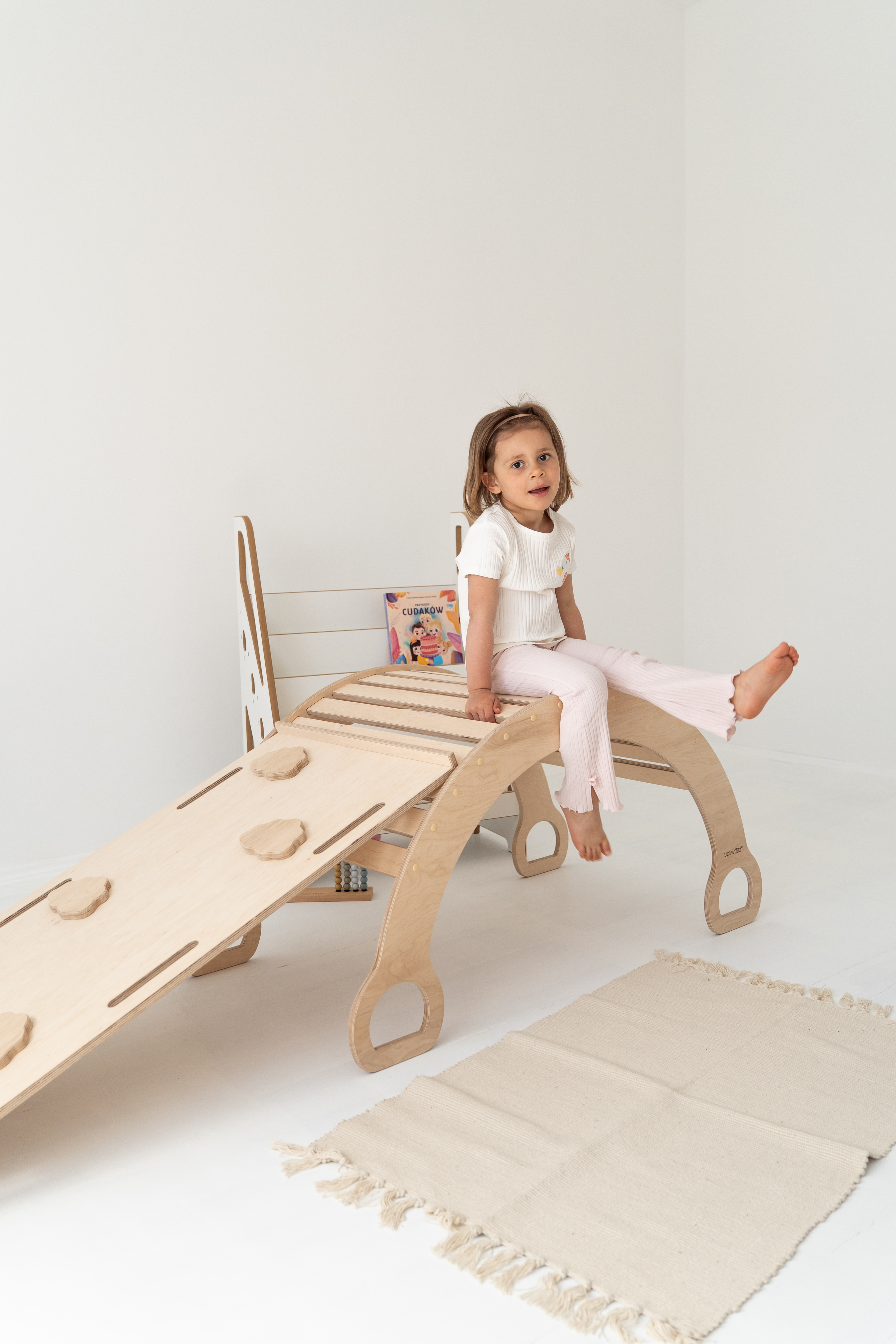 2-in-1 Montessori klimboog met Glijbaan met Wolkjes - Groot