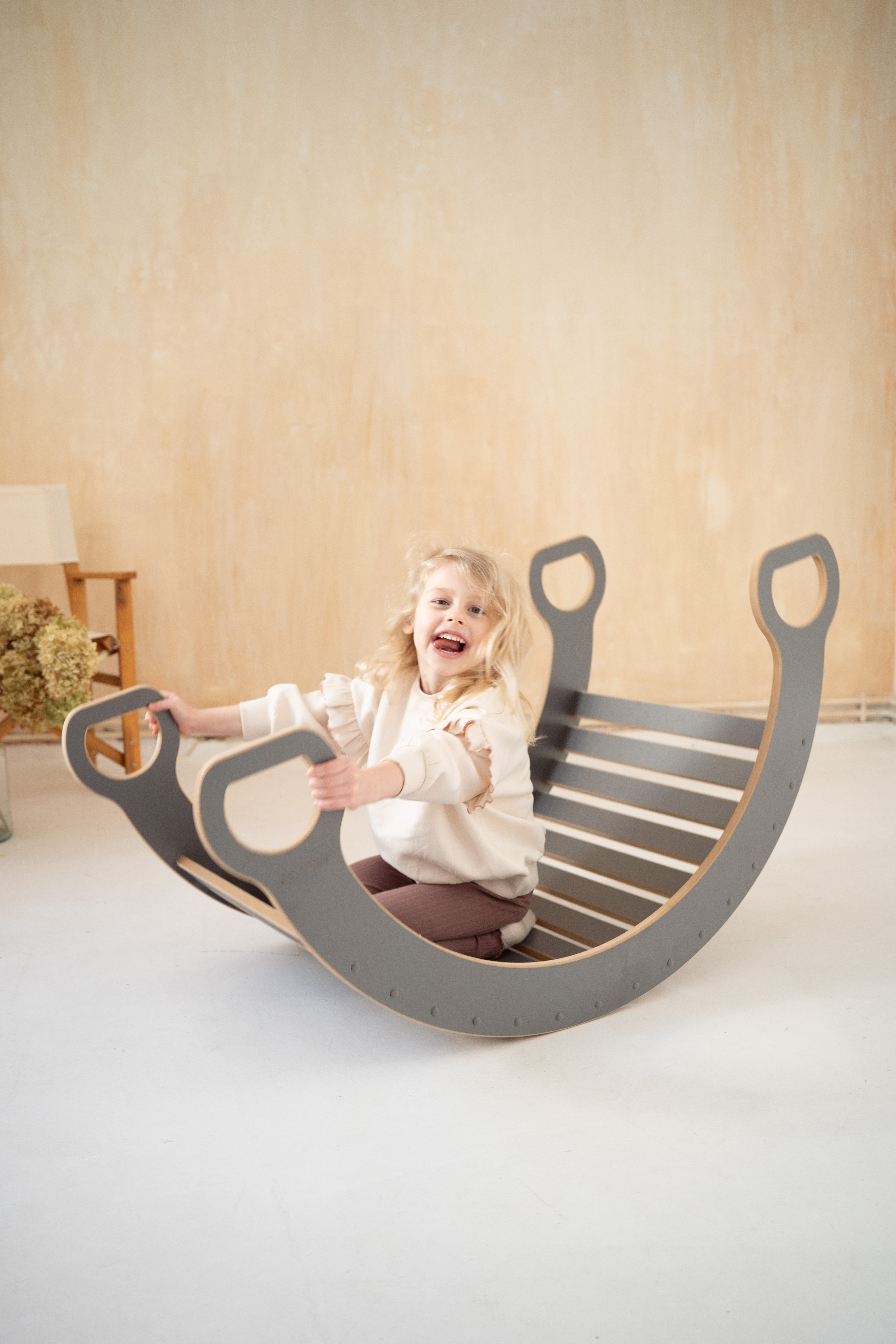Grijze 2-in-1 Montessori klimboog met Glijbaan met ladder - Groot