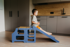 Modulair leertoren, keukenkruk, bureau en glijbaan - blauw