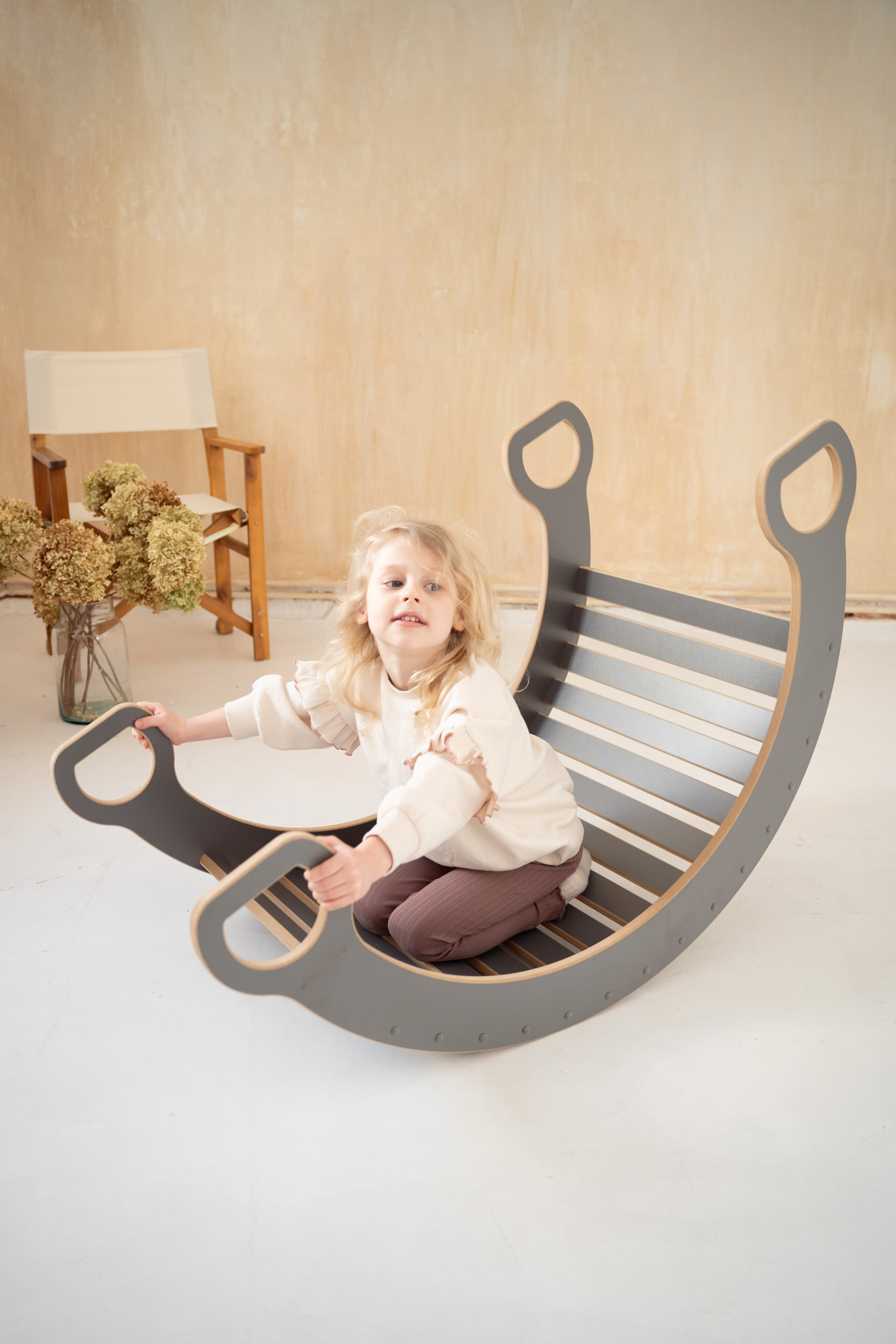 Grijze 2-in-1 Montessori klimboog met Glijbaan met ladder - Groot