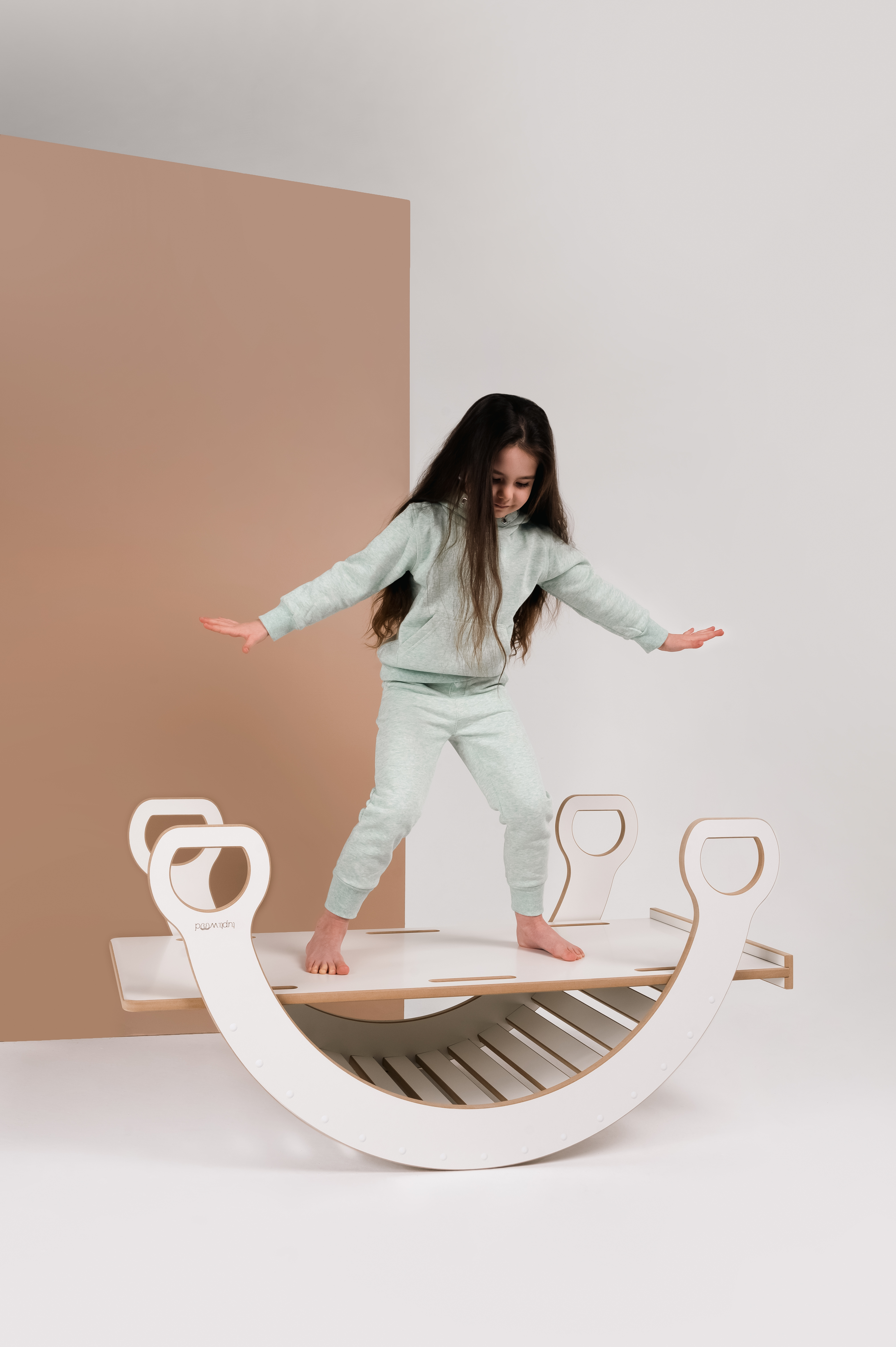 Witte 2-in-1 Montessori klimboog met Glijbaan met Wolkjes - Groot