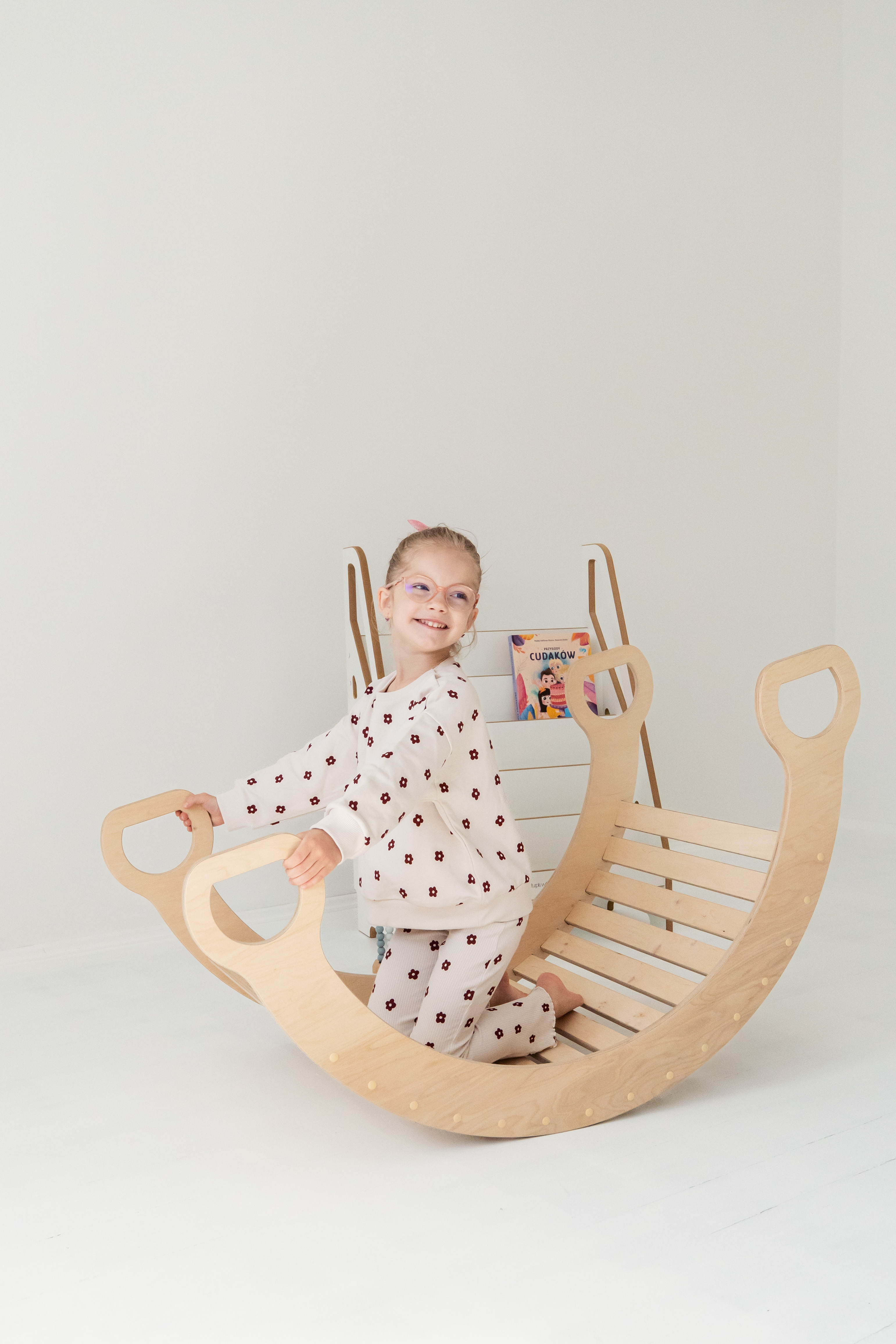 2-in-1 Montessori klimboog met Glijbaan met Wolkjes - Groot