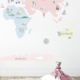 Muursticker wereldkaart roze