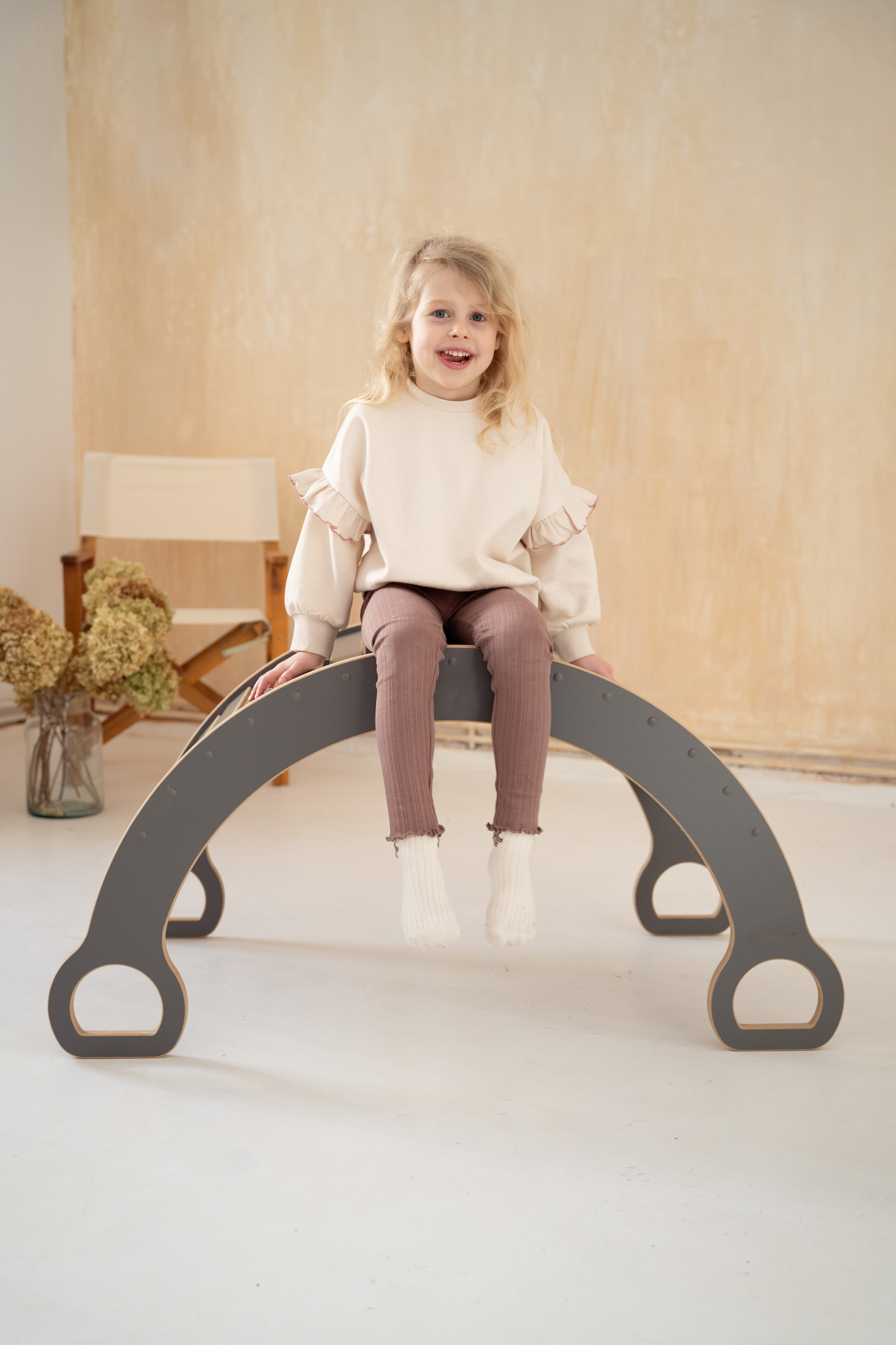 Grijze 2-in-1 Montessori klimboog met Glijbaan met ladder - Groot