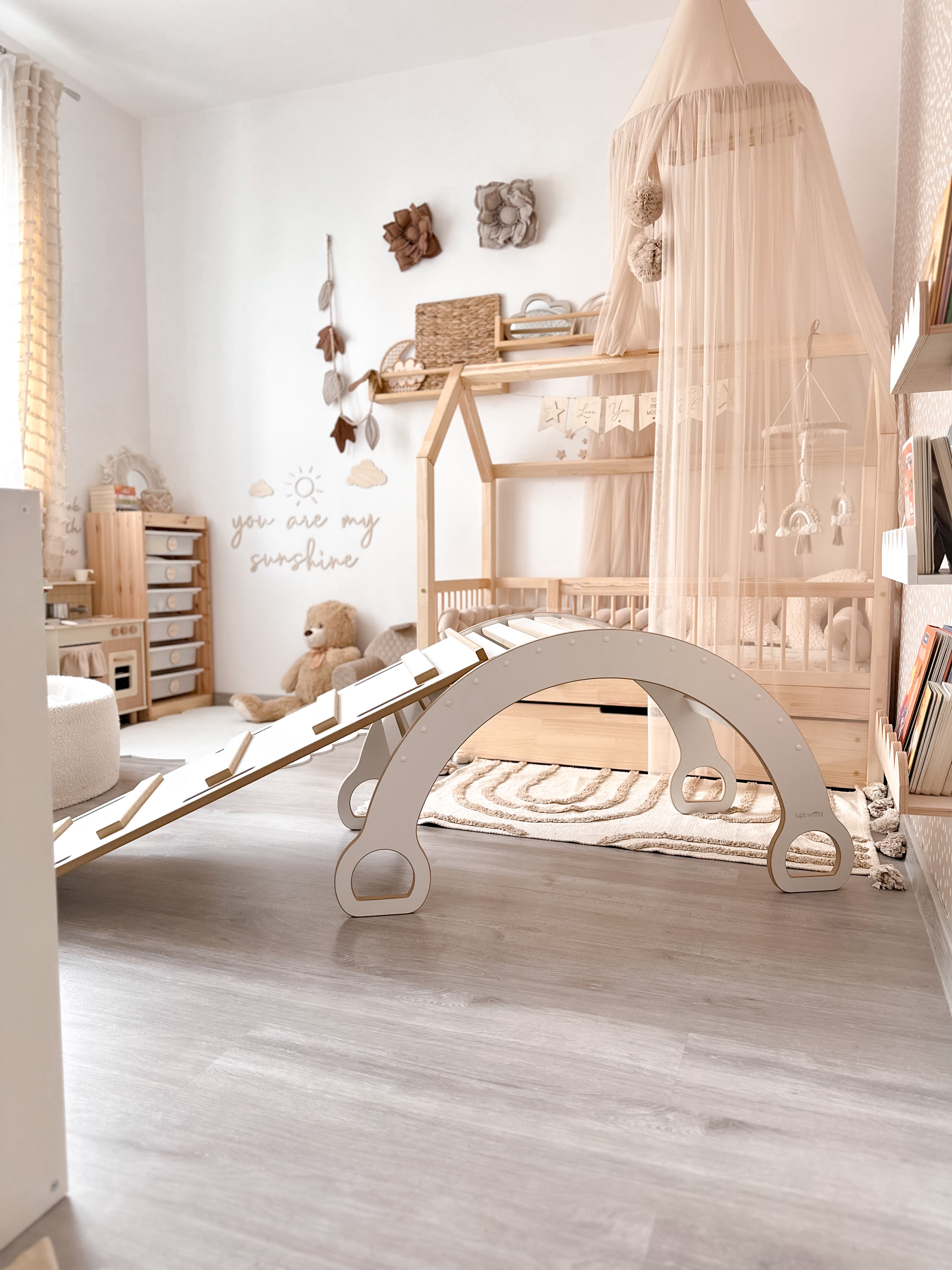 Witte 2-in-1 Montessori klimboog met Glijbaan met ladder - Groot