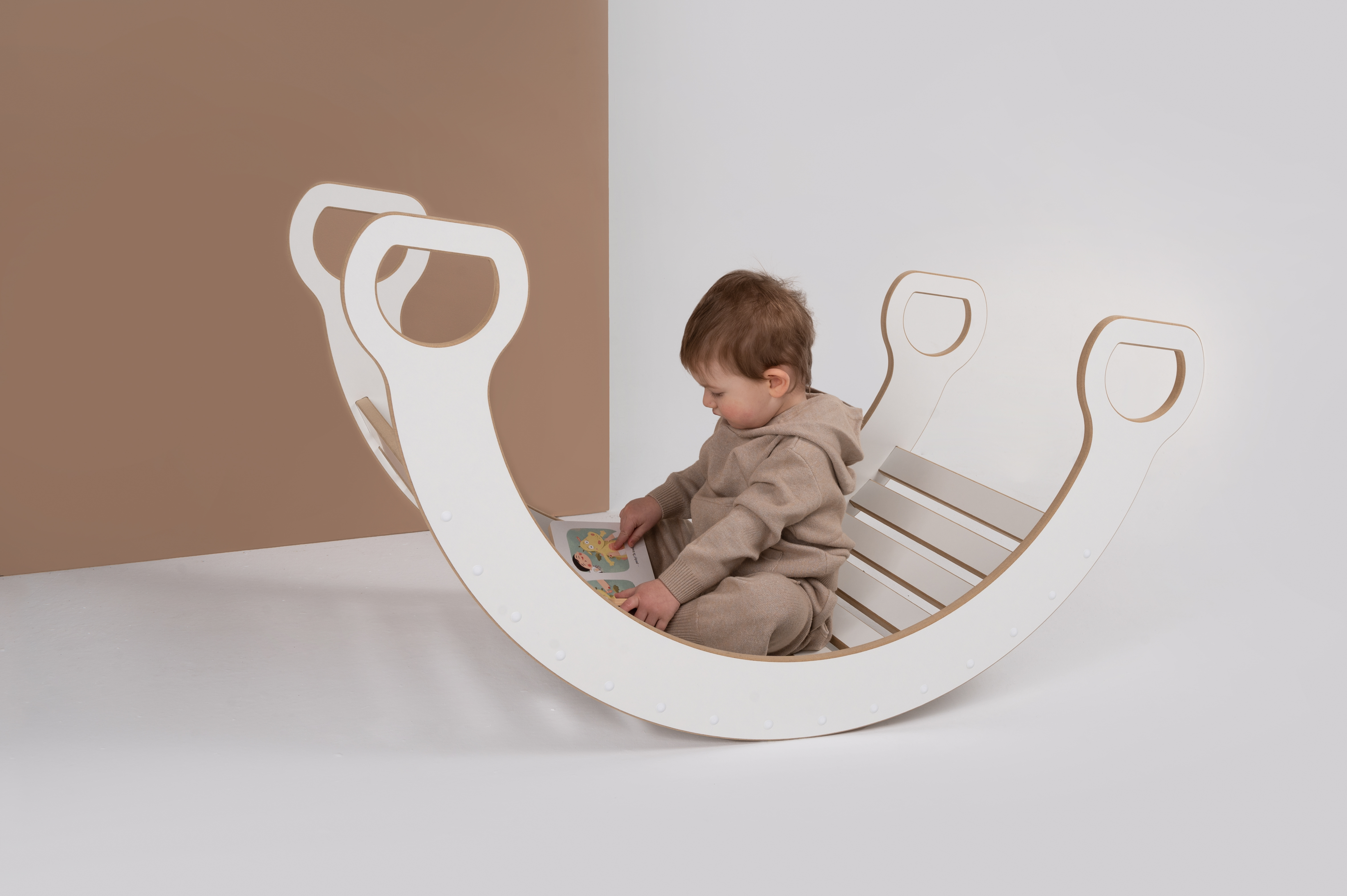 Witte 2-in-1 Montessori klimboog met Glijbaan met ladder - Groot