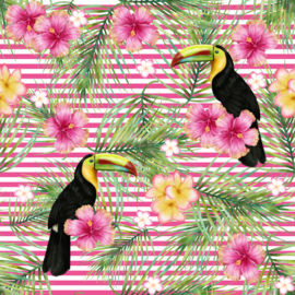 Vinyl Tropical Summer  Flowers Toecan, Flowers & Fern Stripes Pink