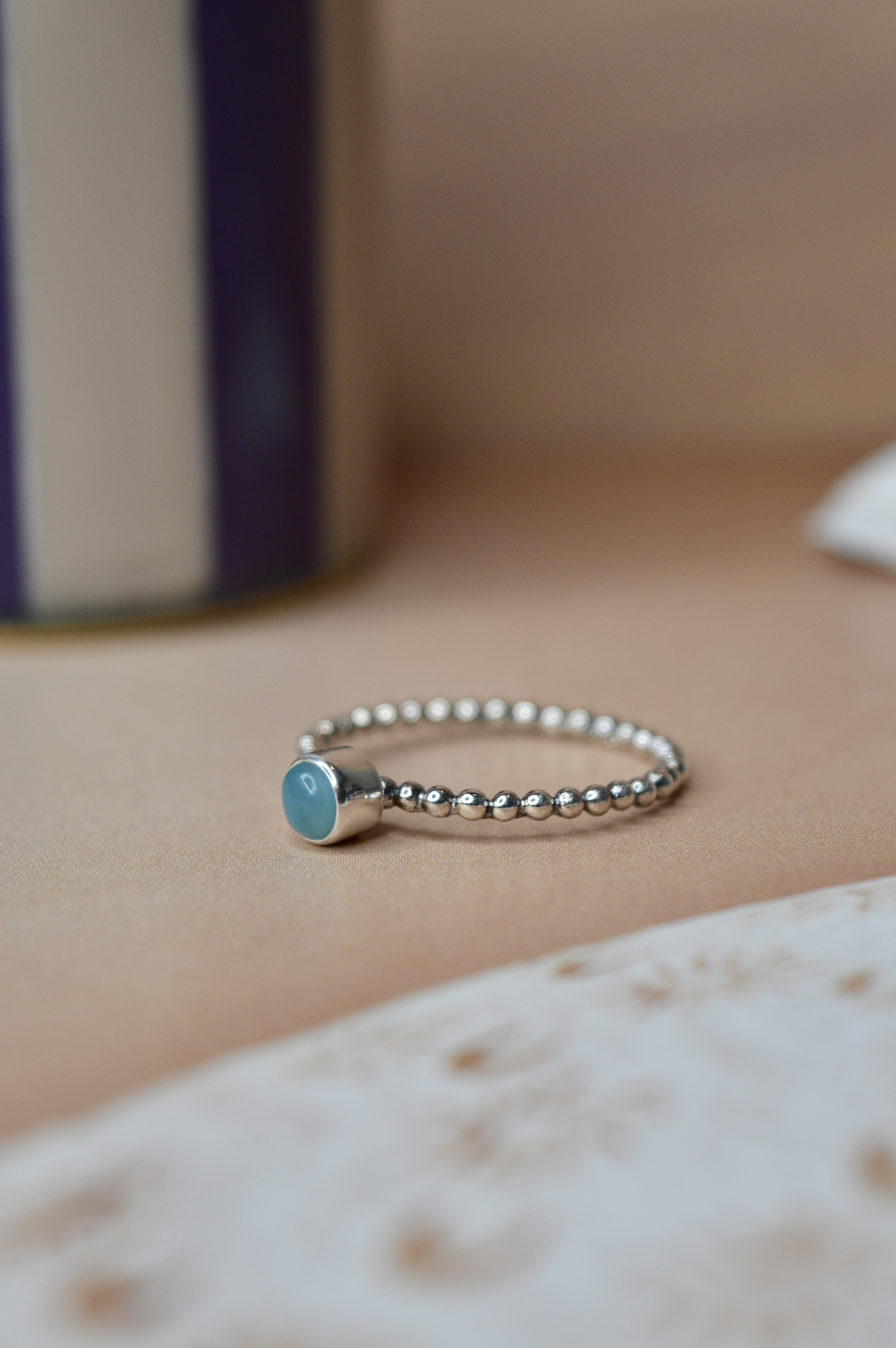 Tiny Round Larimar Ring Sterling Silver