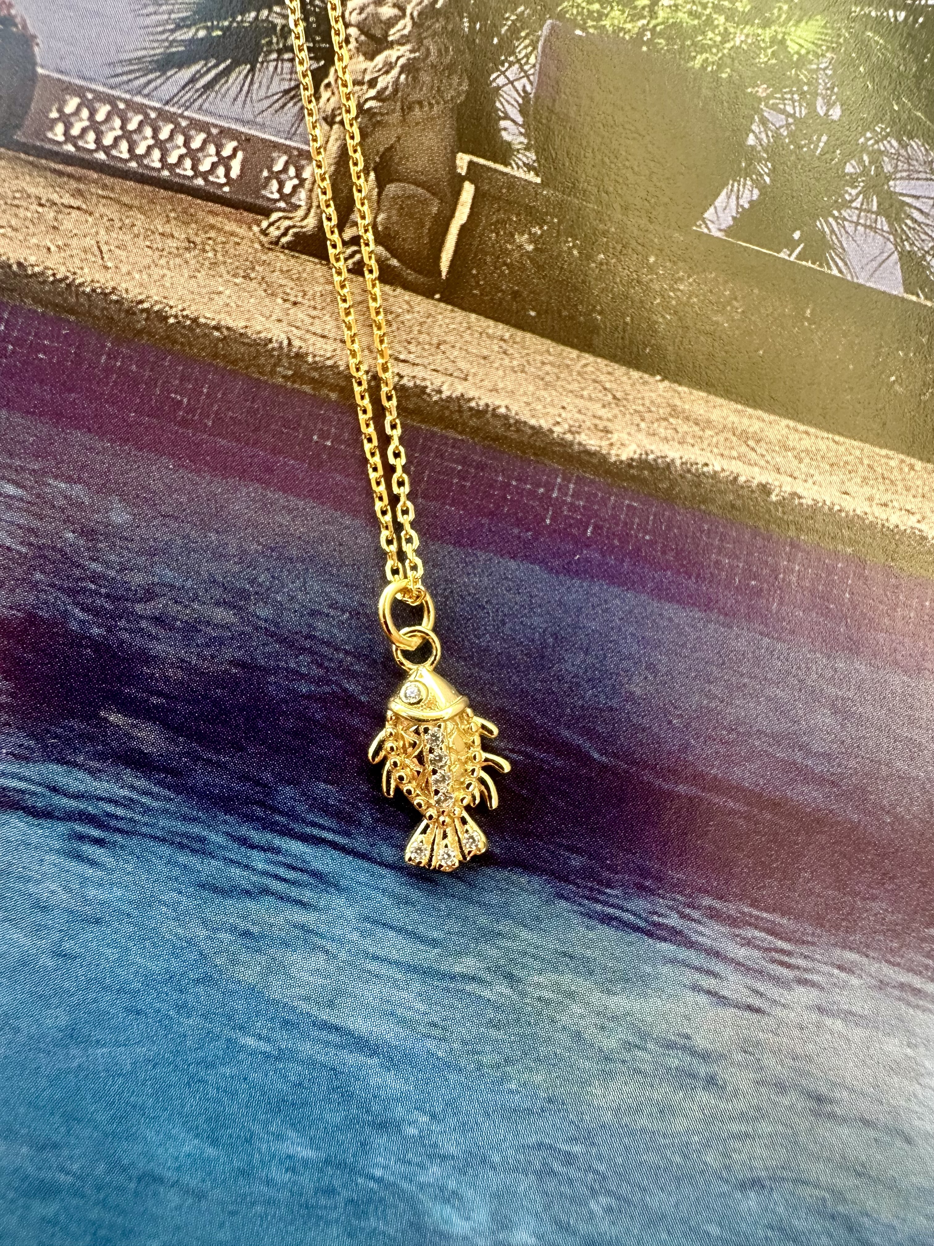 Zirconia Fish Necklace Gold Vermeil