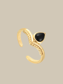 Zwarte Onyx Naga Ring - Stainless Steel Goud