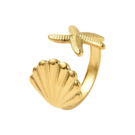 Starfish & Shell Ring Stainless Steel Gold
