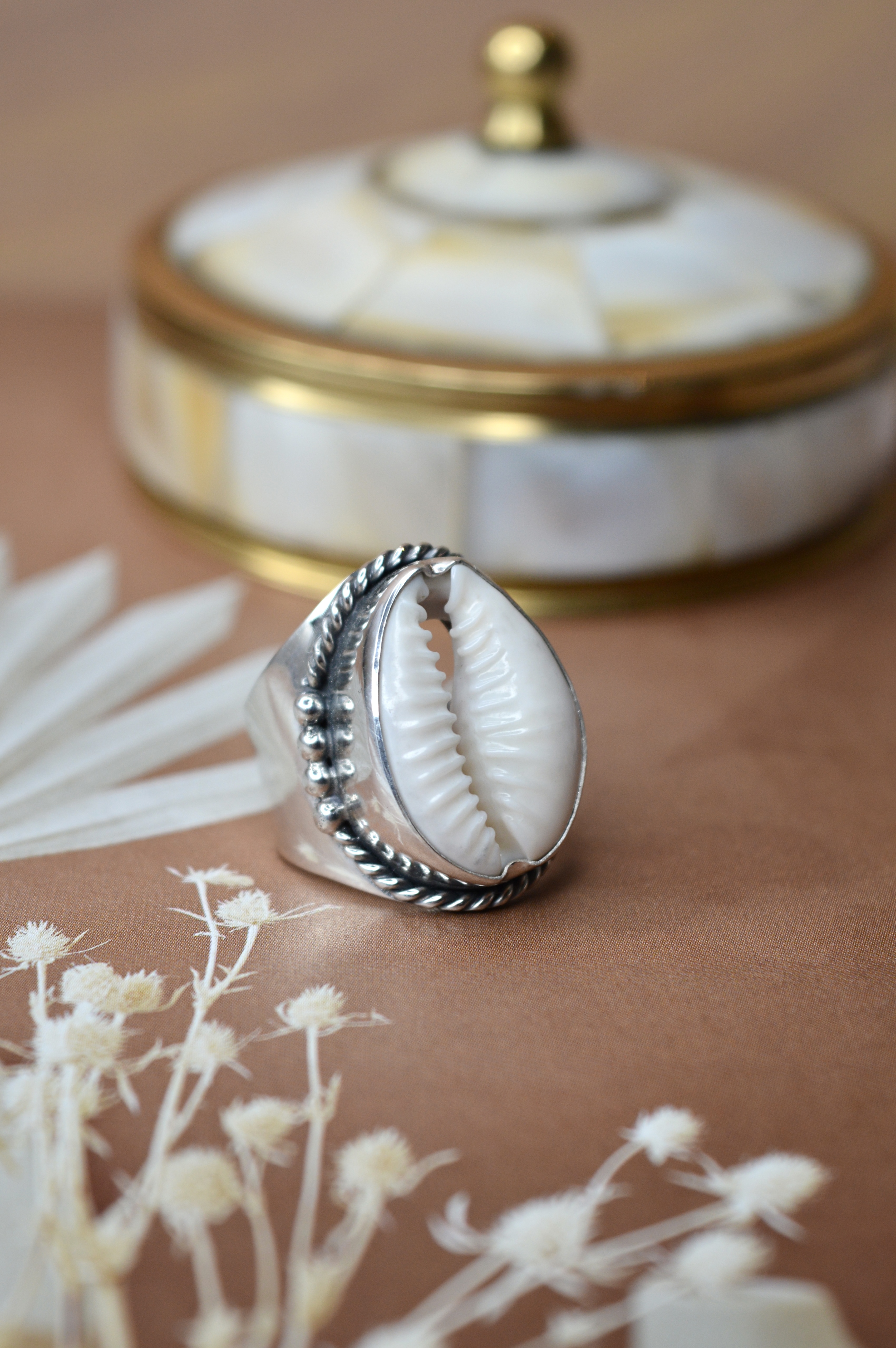 Tribal Dots Cowrie Shell Ring Sterling Silver