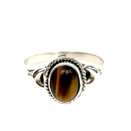 Tiny Oval Tiger Eye Ring Sterling Silver