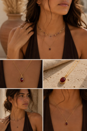 Rode Onyx Luna Ketting – Stainless Steel Goud