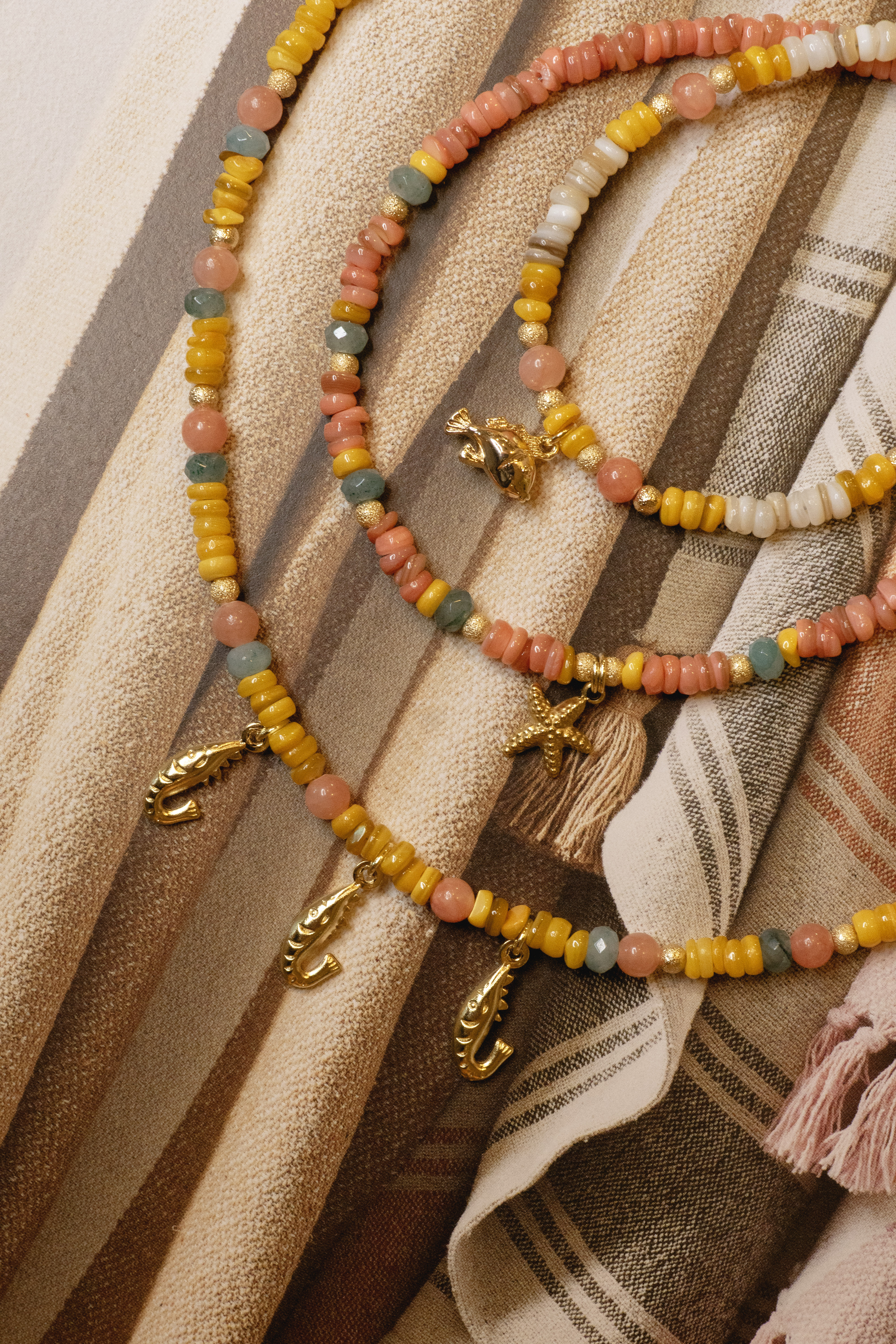 Shrimp Shell & Gemstone Necklace Gold