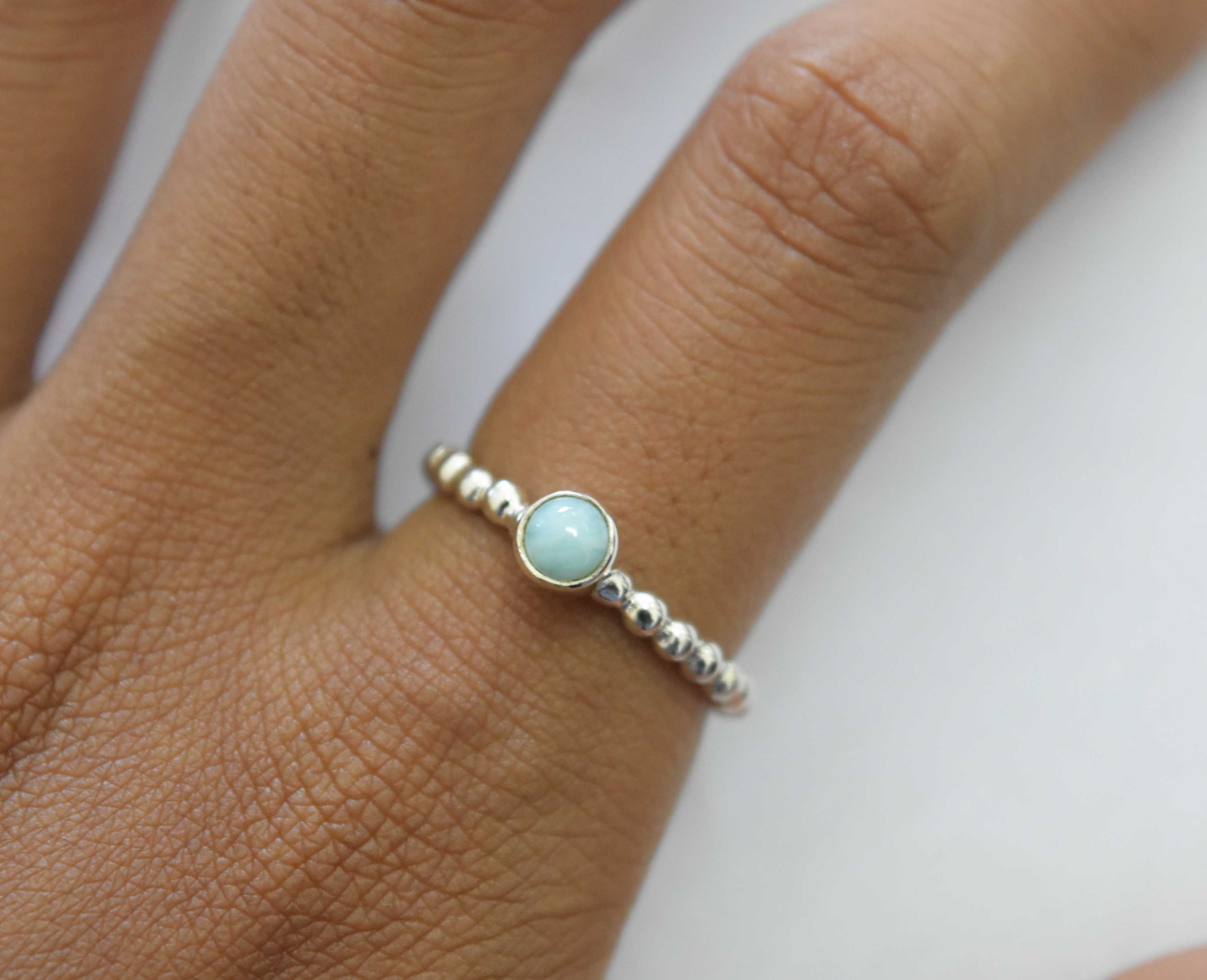 Tiny Round Larimar Ring Sterling Silver