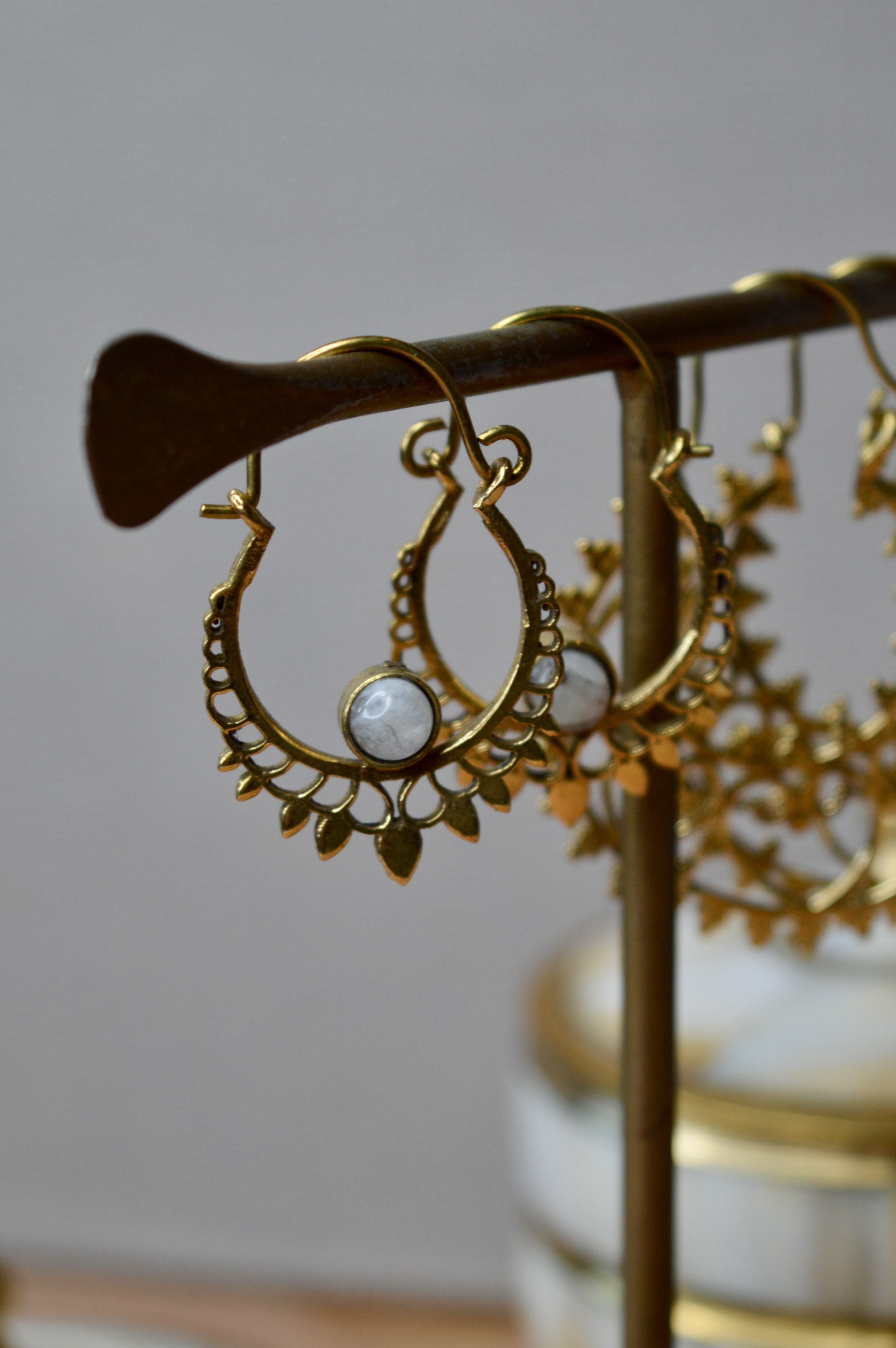 Bohemian Moonstone Hoops Brass