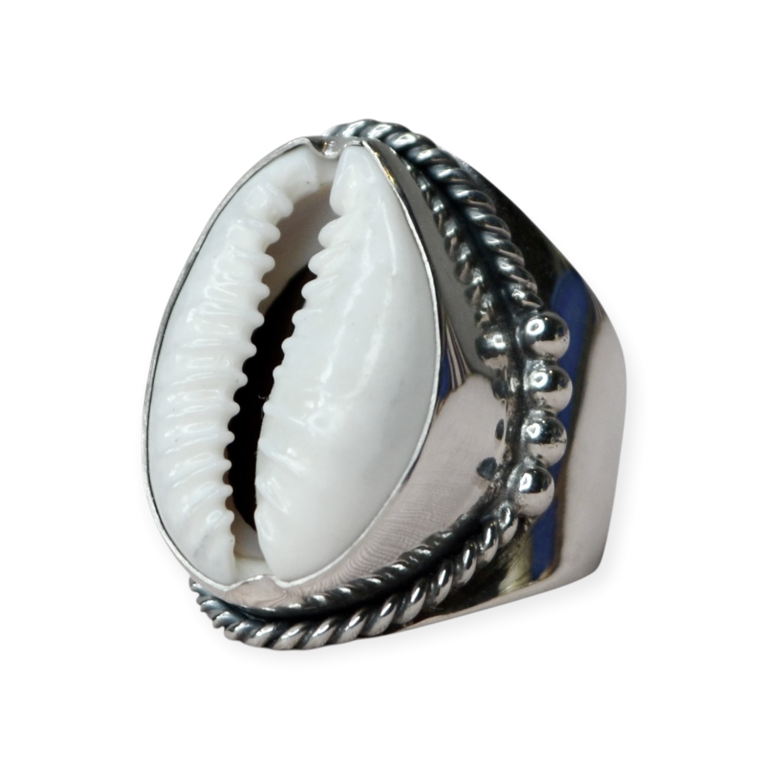 Tribal Dots Cowrie Shell Ring Sterling Silver