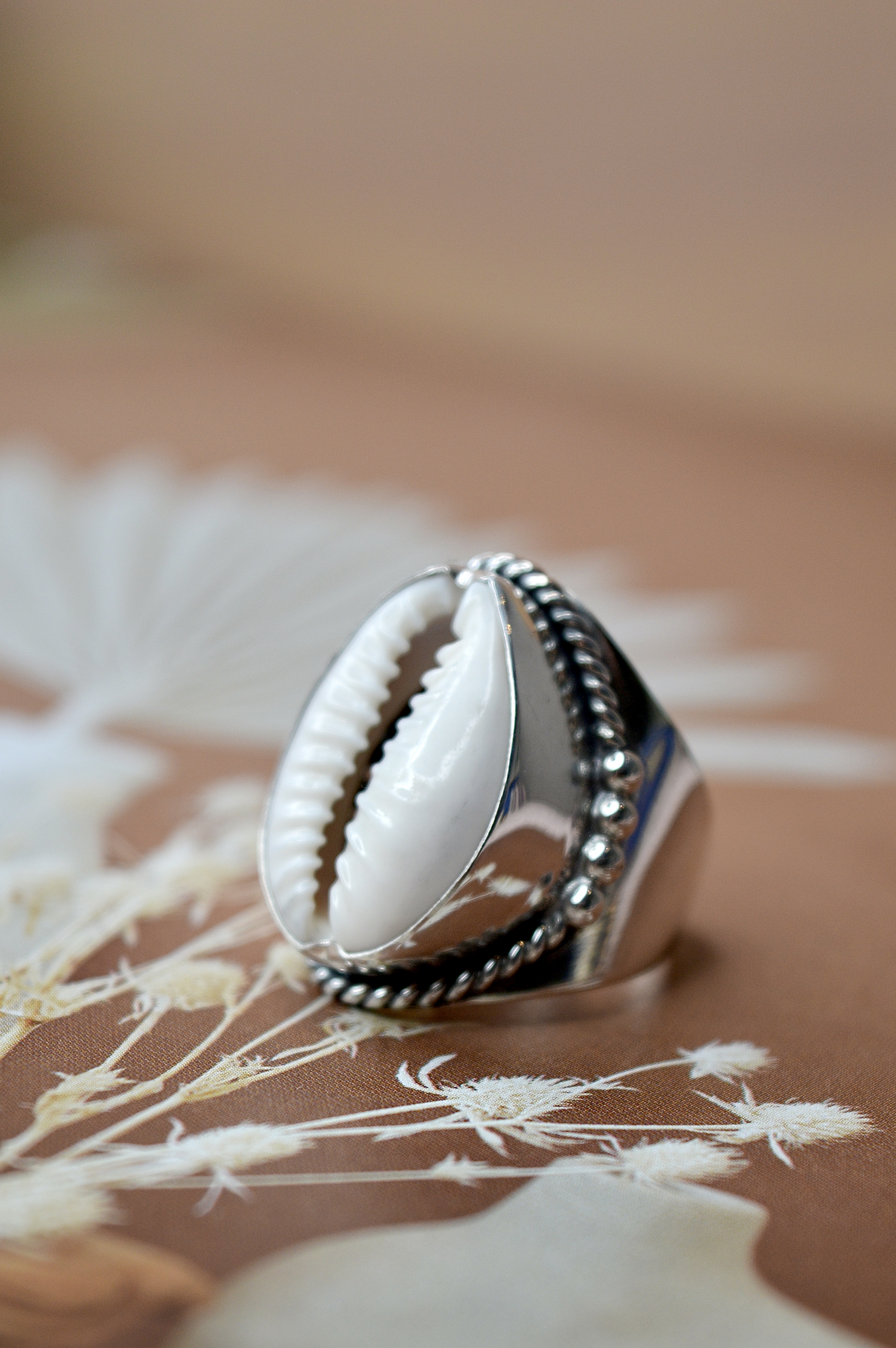 Tribal Dots Cowrie Shell Ring Sterling Silver