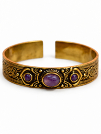 Amethist Boho 3-Stone Bangle - Brass