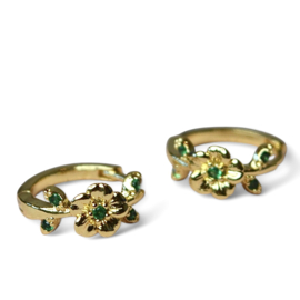 Green Zircon Flower Hoops Gold Plated