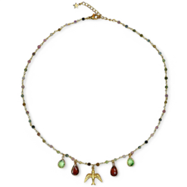 Gemstone & Swallow Charm Necklace Gold Plated