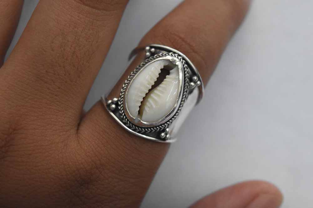 Tribal Cowrie Shell Ring Sterling Silver