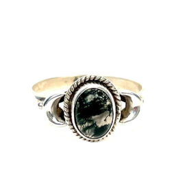 Tiny Oval Moss Agate Ring Sterling Silver