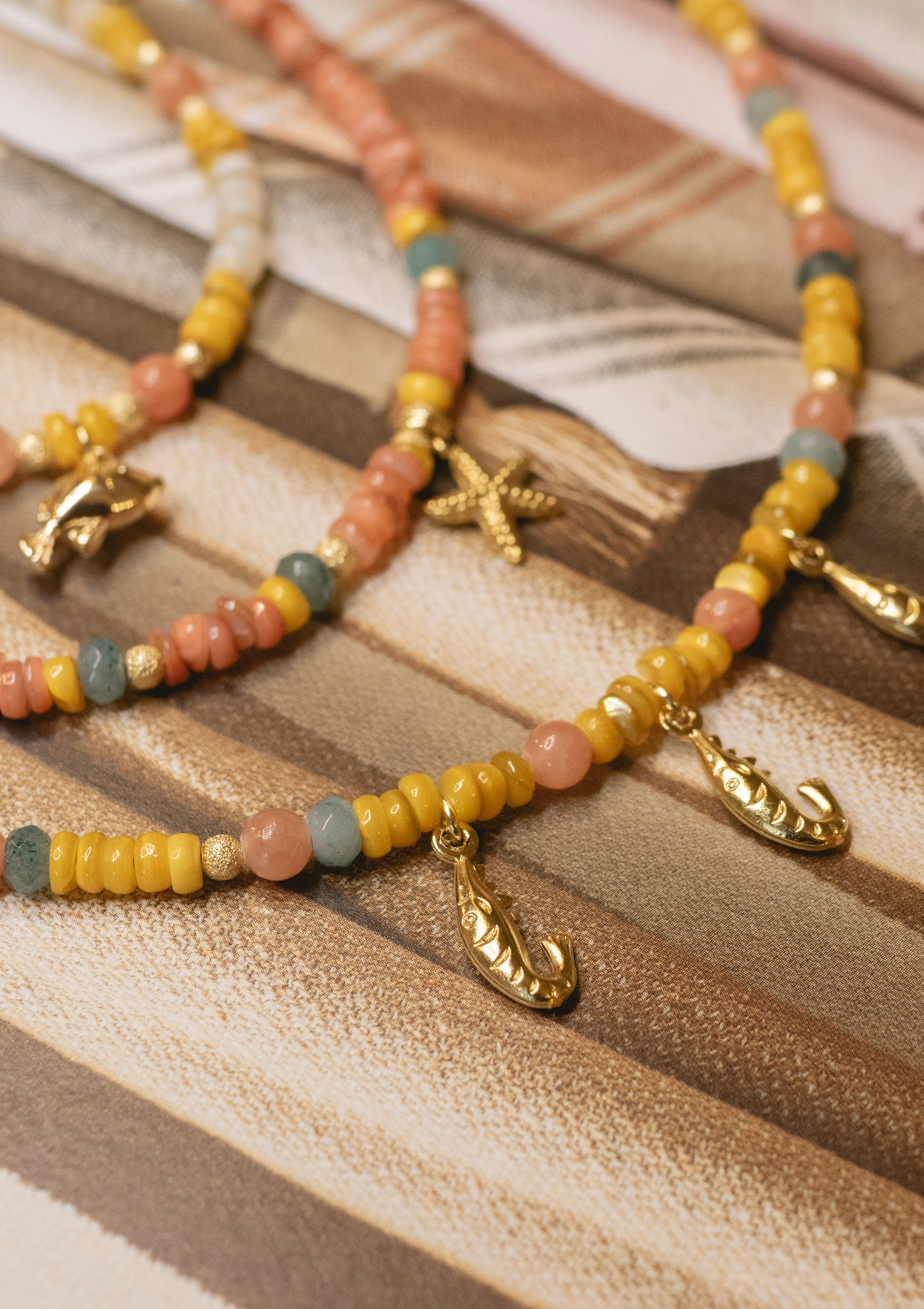 Shrimp Shell & Gemstone Necklace Gold