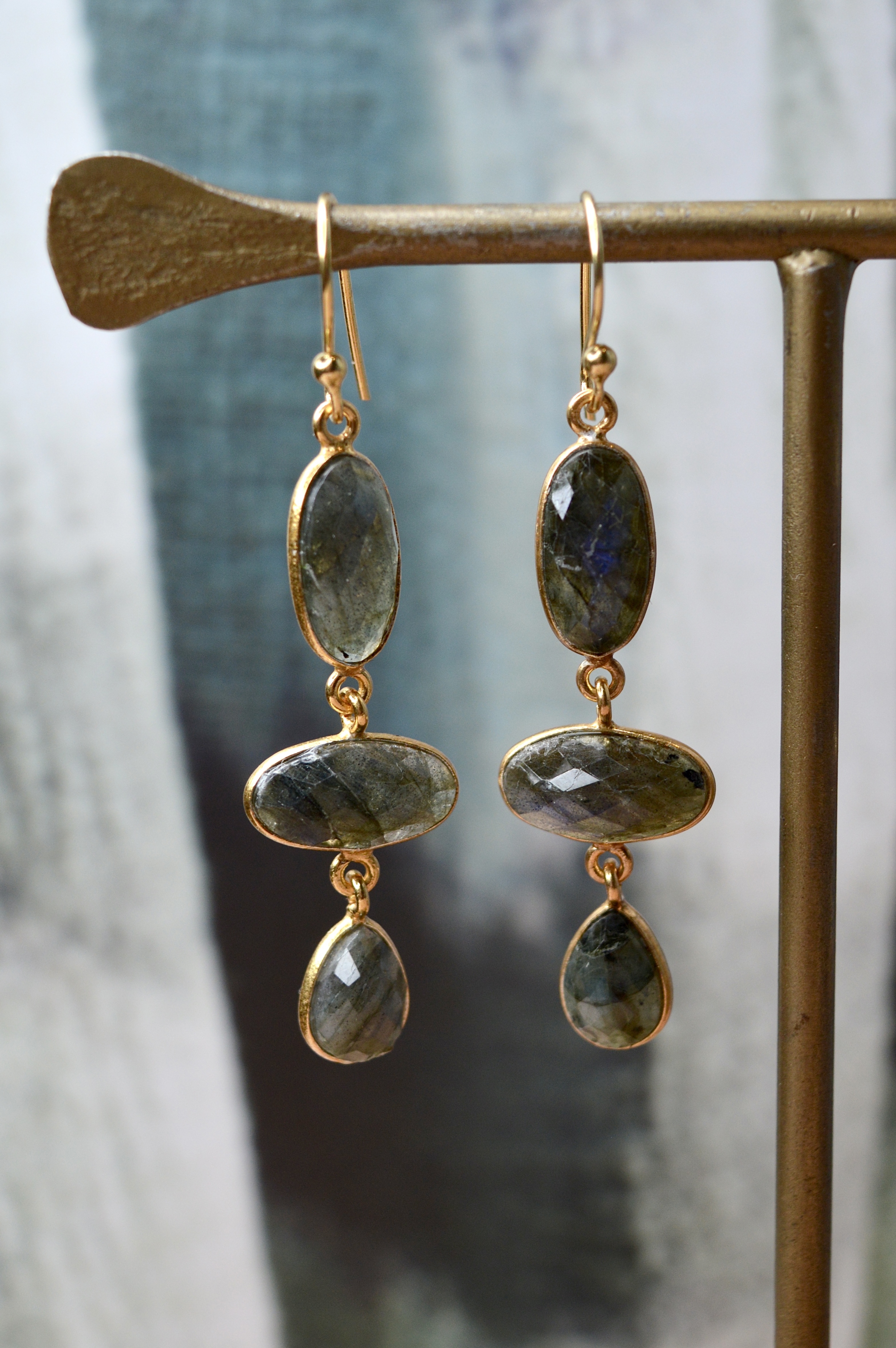 Madurai Long Labradorite Earrings Gold Vermeil