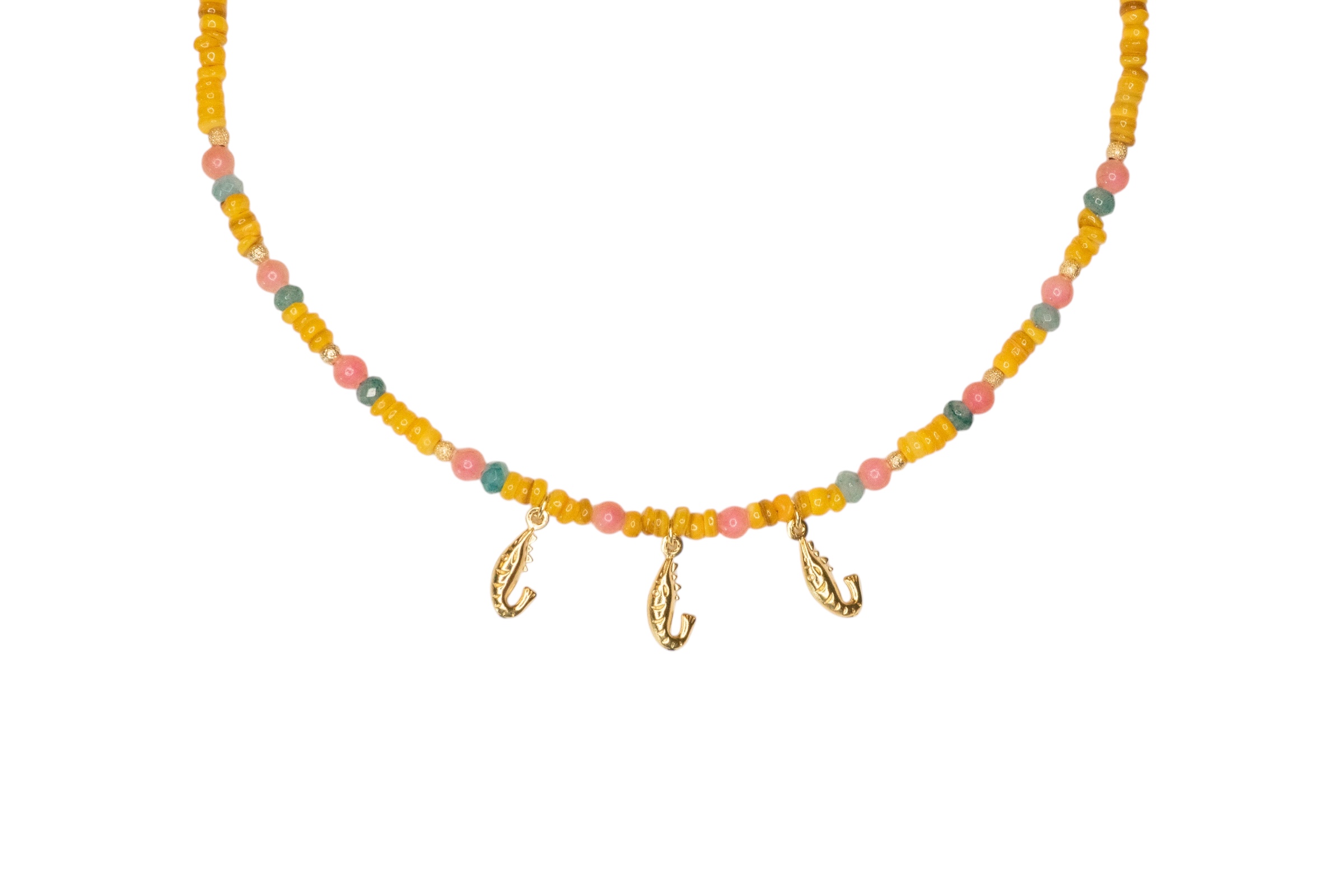 Shrimp Shell & Gemstone Necklace Gold