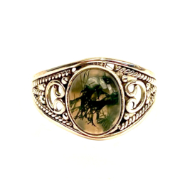 Oval Moss Agate Boho Ring Sterling Silver