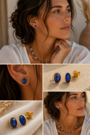Lapis Lazuli Luna Oorstekers - Stainless Steel Goud
