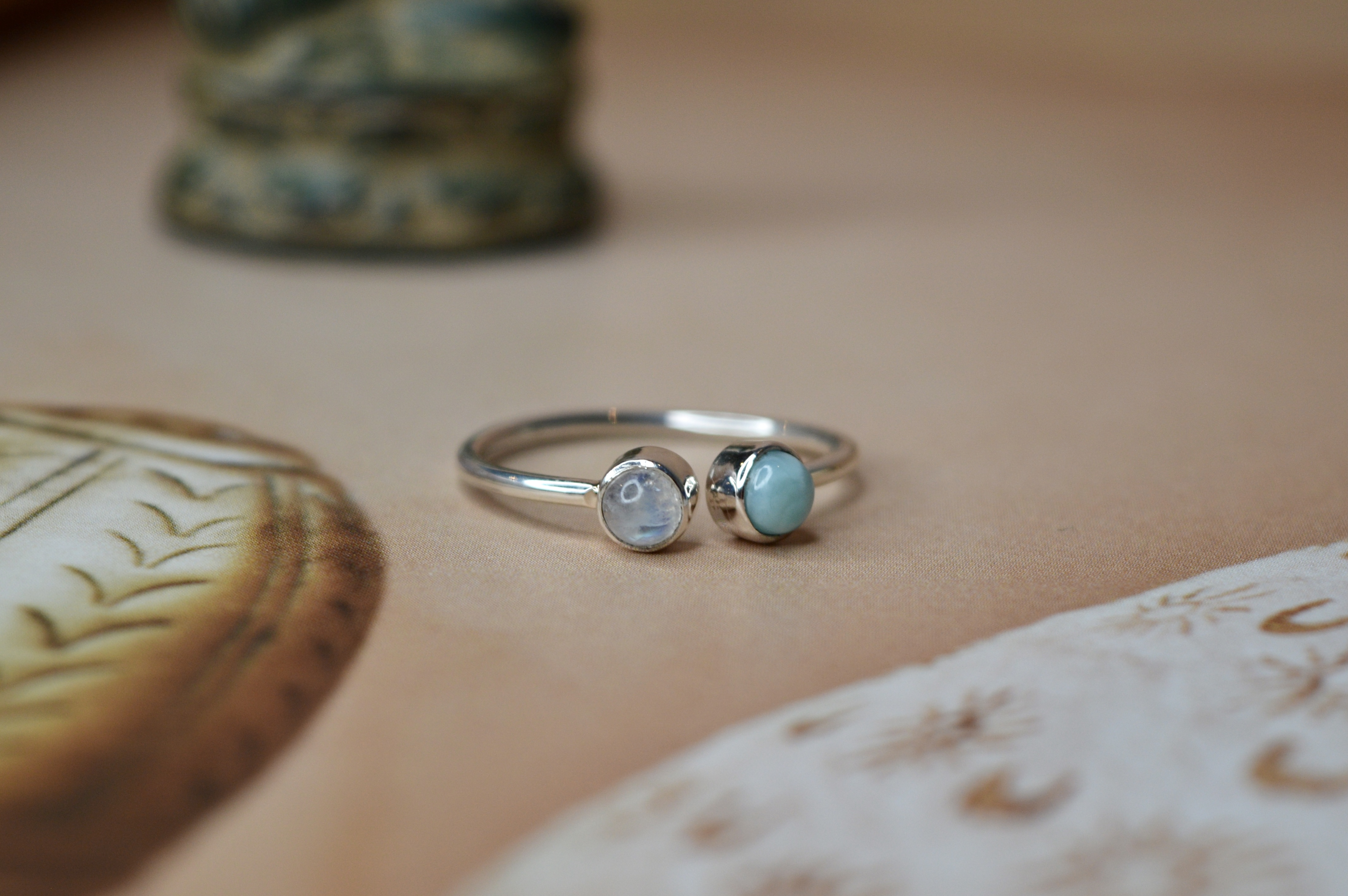 2-Stone Ring Larimar & Moonstone Sterling Silver
