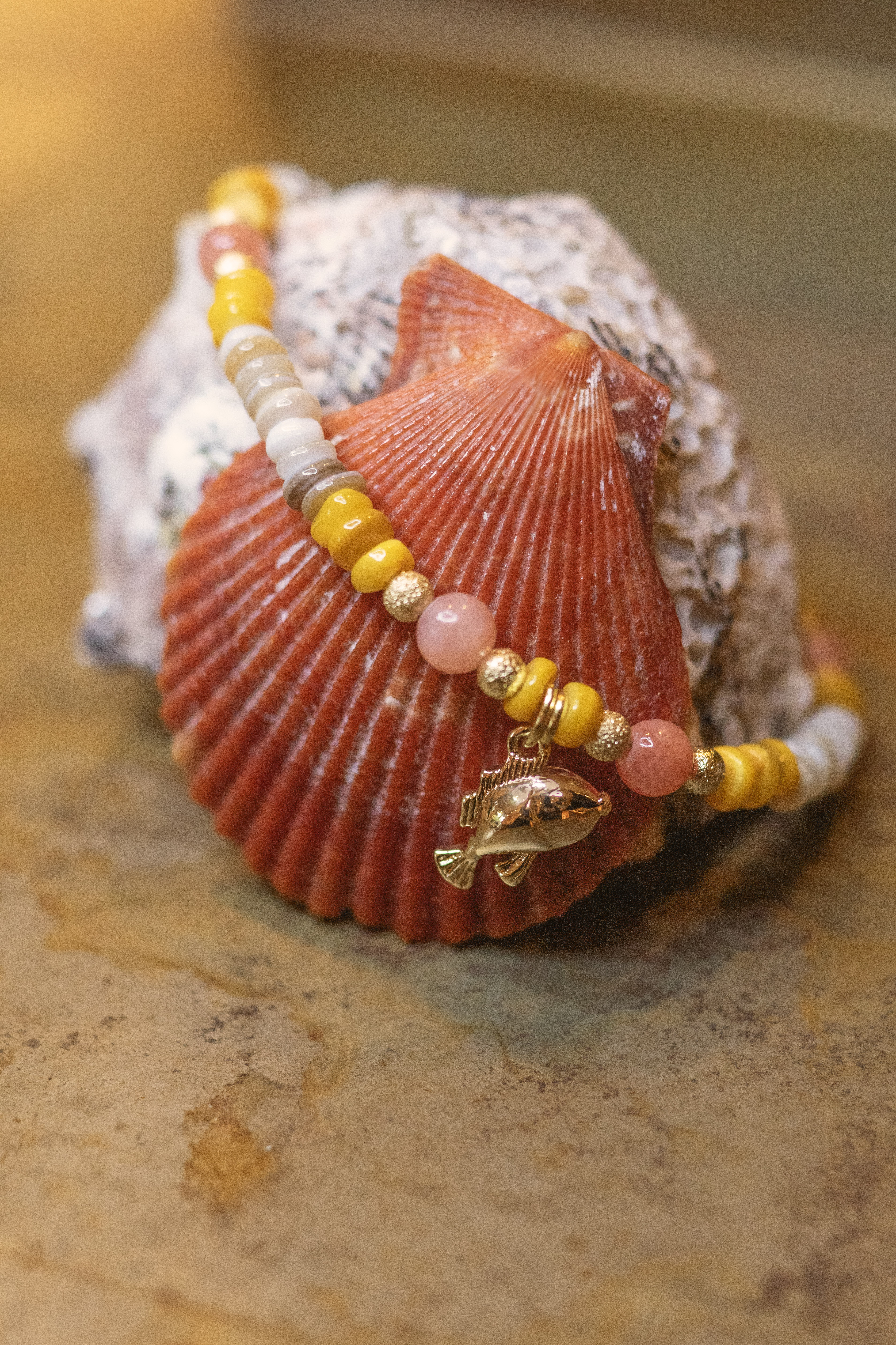 Fish Shell & Gemstone Bracelet Gold