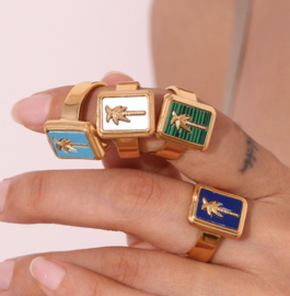 Lapis Lazuli Goa Palm Ring - Stainless Steel Gold Plated