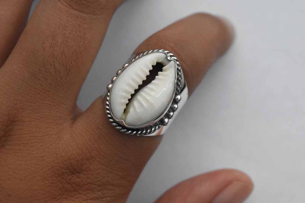 Tribal Dots Cowrie Shell Ring Sterling Silver