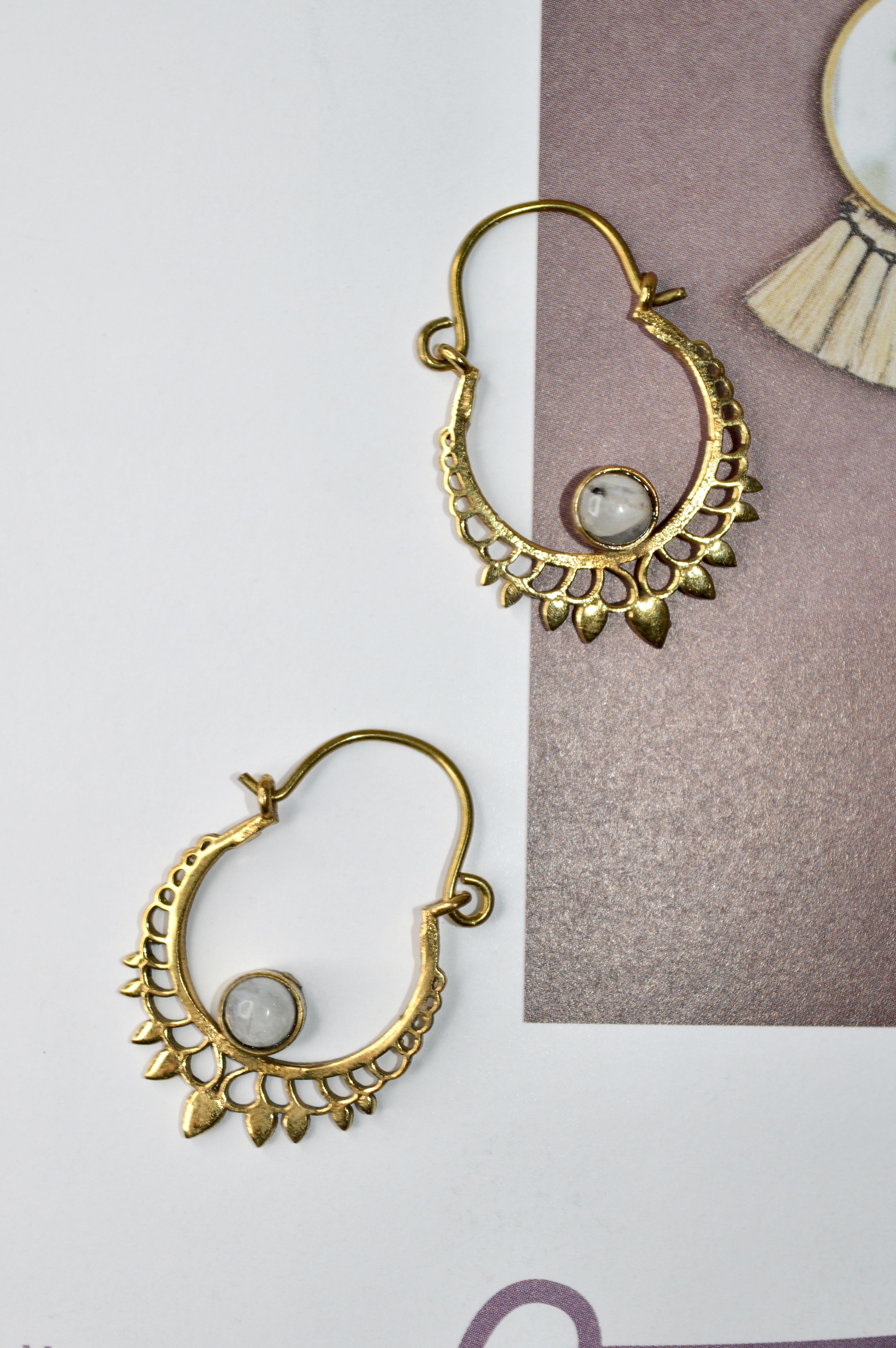 Bohemian Moonstone Hoops Brass