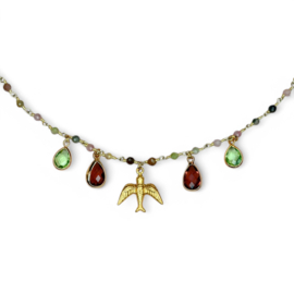 Gemstone & Swallow Charm Necklace Gold Plated